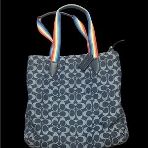 Coach Tote Jean Denim with Rainbow Straps